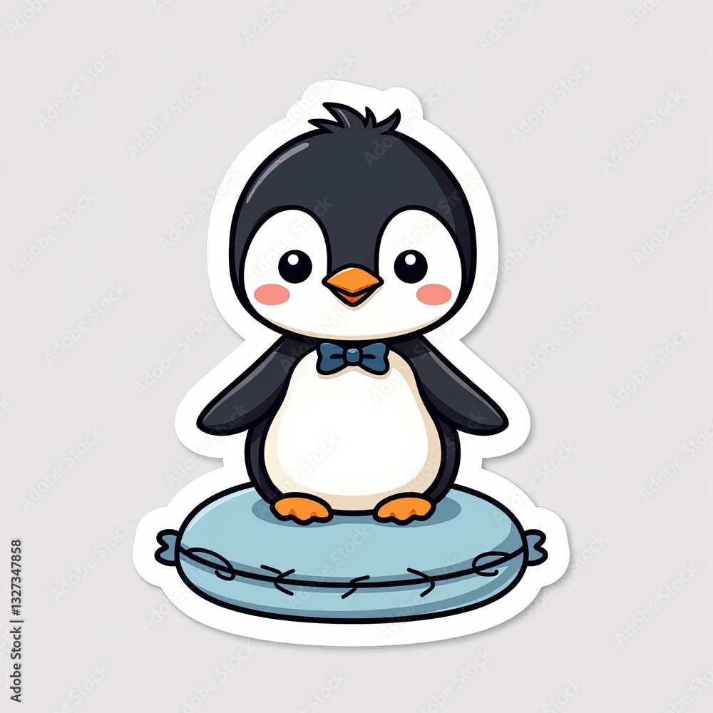 Naklejka premium Cute Cartoon Penguin Sitting on a Round Blue Base for Kids' Designs