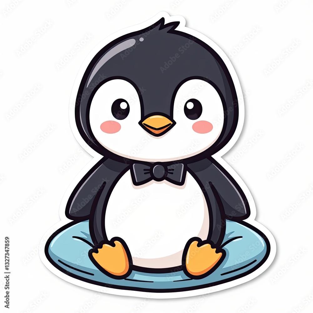 Obraz premium Cute Cartoon Penguin Sitting on a Round Blue Base for Kids' Designs