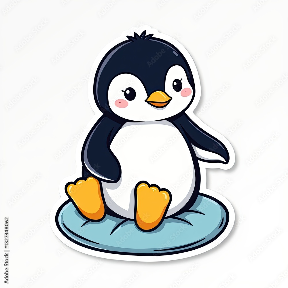 Obraz premium Cute Cartoon Penguin Sitting on a Round Blue Base for Kids' Designs