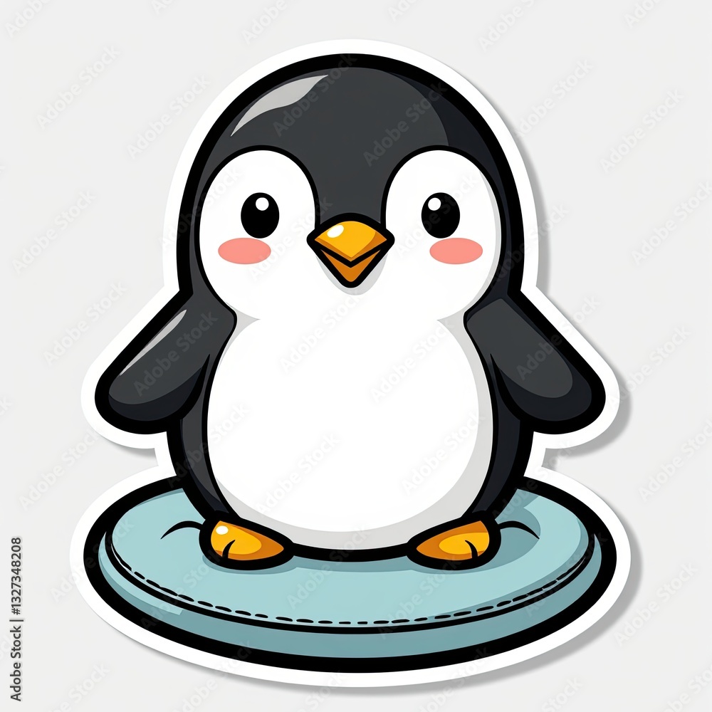 Fototapeta premium Cute Cartoon Penguin Sitting on a Round Blue Base for Kids' Designs