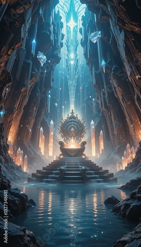 Majestic throne resting on steps within a cavern, illuminated by crystals and a central light source, reflecting on the water below.