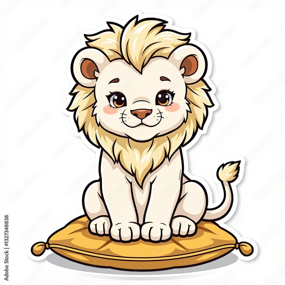 Fototapeta premium Cute Cartoon Lion Sitting on a Pillow with a Playful Expression