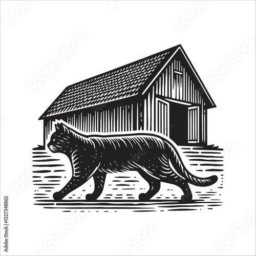 Simple Barn Cat Walking Vector Icon – Vintage Logo & Retro Illustration