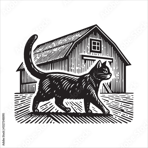 Simple Barn Cat Walking Vector Icon – Vintage Logo & Retro Illustration