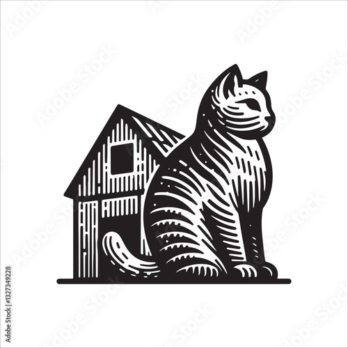 Simple Barn Cat in the Yard Vector Icon – Vintage Logo & Retro Illustration