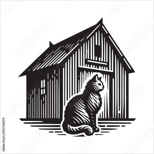Simple Barn Cat in the Yard Vector Icon – Vintage Logo & Retro Illustration