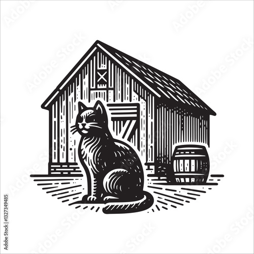 Simple Barn Cat in the Yard Vector Icon – Vintage Logo & Retro Illustration