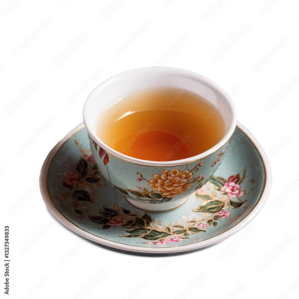 Delicate tea cup filled with herbal brew,isolated Delicate tea cup filled with herbal brew,isolated