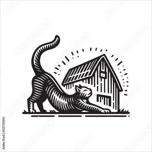 Simple Barn Cat Stretching Vector Icon – Vintage Logo & Retro Illustration
