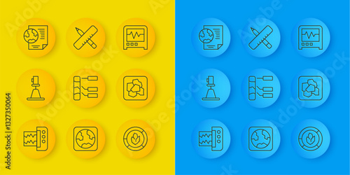 Set line Seismograph, Tacheometer, theodolite, Soil analysis, Gold nugget, Earth globe with document, and Crossed ruler and pencil icon. Vector