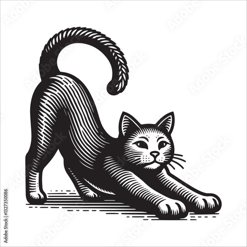 Simple Barn Cat Stretching Vector Icon – Vintage Logo & Retro Illustration