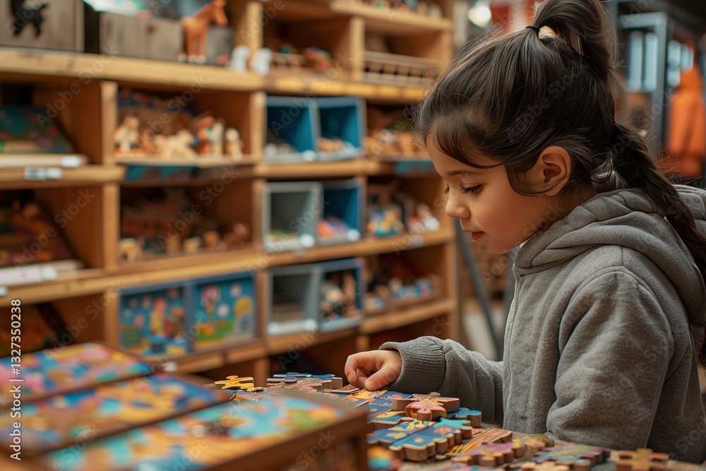 Fototapeta premium A young girl engaged in playful learning with colorful toys in a vibrant store environment.