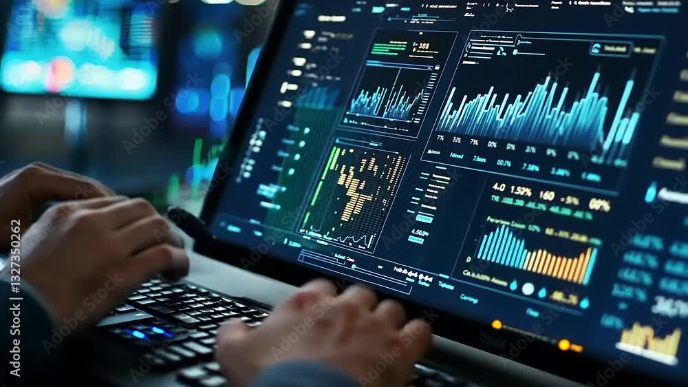 A person analyzing complex data on a laptop in a high-tech environment with digital screens A person analyzing complex data on a laptop in a high-tech environment with digital screens