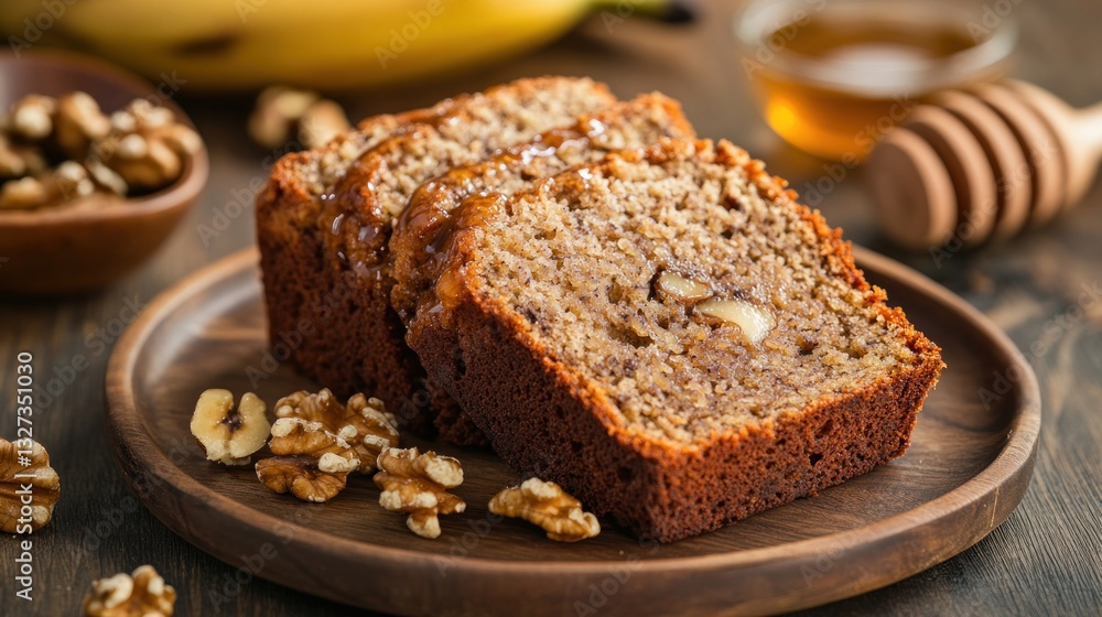 Delicious Homemade Banana Bread Slices Displayed with Walnuts and Honey Drizzle Delicious Homemade Banana Bread Slices Displayed with Walnuts and Honey Drizzle