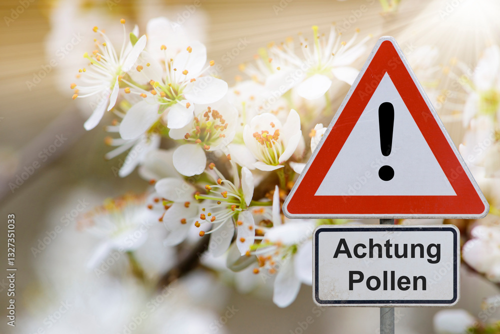 Ein Verkehrsschild warnt vor Pollen, Pollenflug und Allergie im Frühling vor den Blüten im Frühling - FOTOMONTAGE