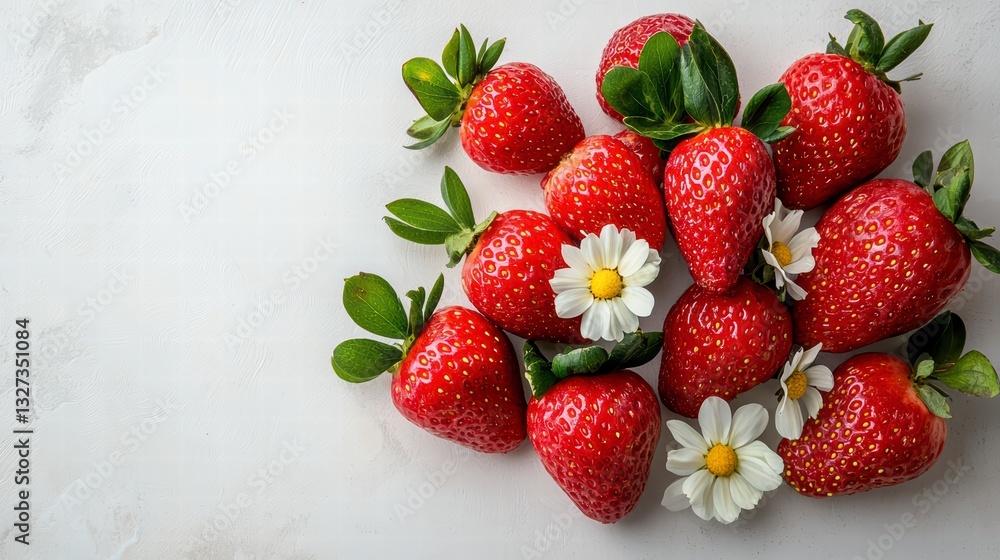 A Berry Delight: A close-up, high-angle shot reveals a vibrant display of ripe strawberries paired with delicate daisies, offering a sense of freshness and natural beauty. A Berry Delight: A close-up, high-angle shot reveals a vibrant display of ripe strawberries paired with delicate daisies, offering a sense of freshness and natural beauty.
