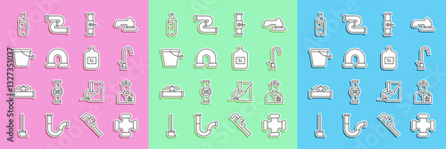 Set line Industry metallic pipe, Plumber, Water tap, and valve, Bucket, Bottle of water and Big bottle with clean icon. Vector