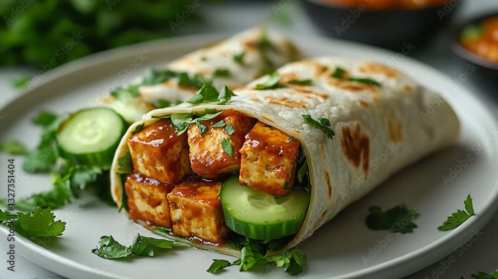 A wholesome tofu wrap, bursting with flavors from tangy peanut sauce, crunchy cucumber slices, and sautéed tofu pieces, served on a minimalistic white plate, warm and inviting tones, A wholesome tofu wrap, bursting with flavors from tangy peanut sauce, crunchy cucumber slices, and sautéed tofu pieces, served on a minimalistic white plate, warm and inviting tones,
