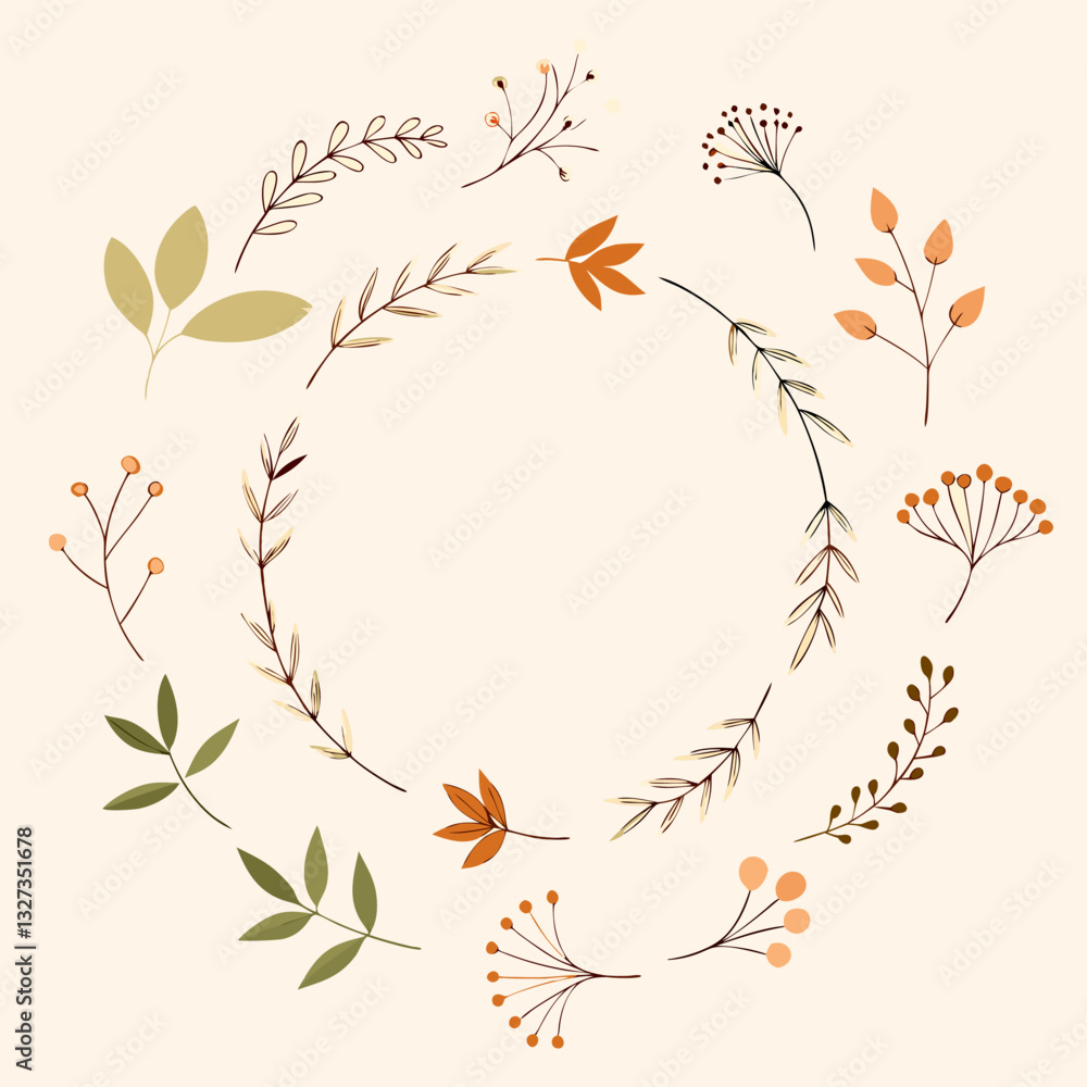 Floral frame composed in a circle. Hand drawn plants and flowers. Sketched style, monochrome vector illustration., Adobe Illustrator Artwork Floral frame composed in a circle. Hand drawn plants and flowers. Sketched style, monochrome vector illustration., Adobe Illustrator Artwork
