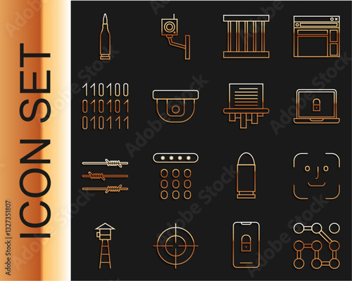 Set line Graphic password protection, Face recognition, Laptop and lock, Prison window, Motion sensor, Binary code, Bullet and Paper shredder icon. Vector