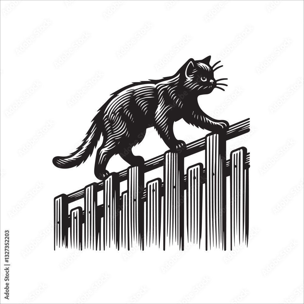 Obraz premium Simple Barn Cat Climbing Fence Vector Icon – Vintage Logo & Retro Illustration
