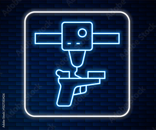 Glowing neon line 3D printer gun icon isolated on brick wall background. 3d printing. Vector