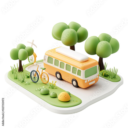 3d illustration of yellow school bus and bicycle in the green grass.
