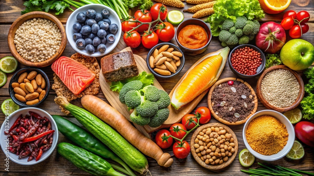 Healthy food selection, Superfoods, various fruits, nuts and seeds background