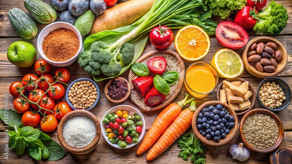Healthy food selection, Superfoods, various fruits, nuts and seeds background