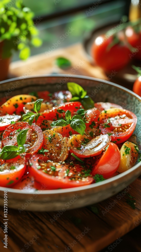 Fresh tomato salad with herbs and spices prepared in a rustic kitchen setting during daylight hours Fresh tomato salad with herbs and spices prepared in a rustic kitchen setting during daylight hours