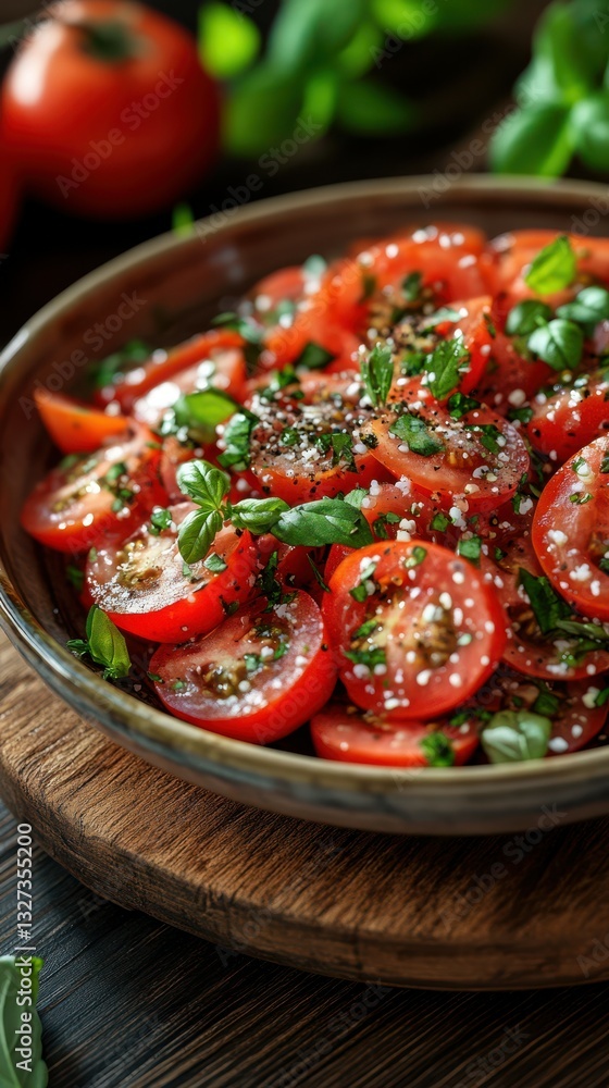 Fresh tomato salad with herbs prepared on a wooden table in a cozy kitchen setting during midday Fresh tomato salad with herbs prepared on a wooden table in a cozy kitchen setting during midday