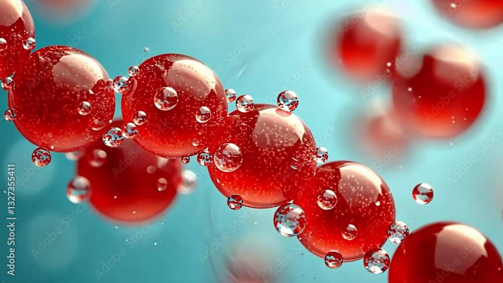 Abstract red spheres in motion on teal background. Possible use Science education, medicine, or scientific illustration Abstract red spheres in motion on teal background. Possible use Science education, medicine, or scientific illustration