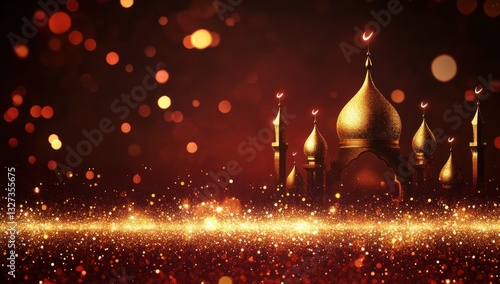 Eid al-Fitr background with golden mosque silhouette and glowing lights in front of deep maroon velvet, with writing space