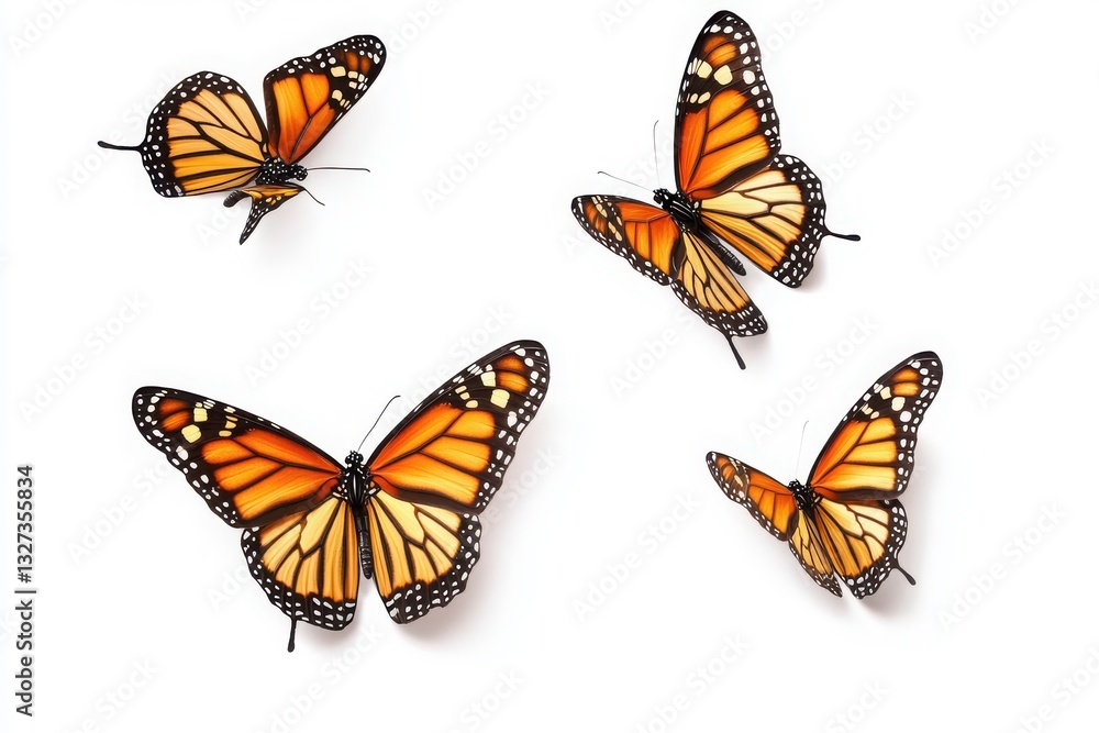 Obraz premium Flying monarch butterflies isolated on white or white background.