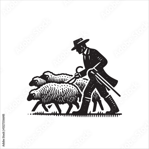 Simple Goat Herder Vector Icon – Vintage Logo & Retro Illustration