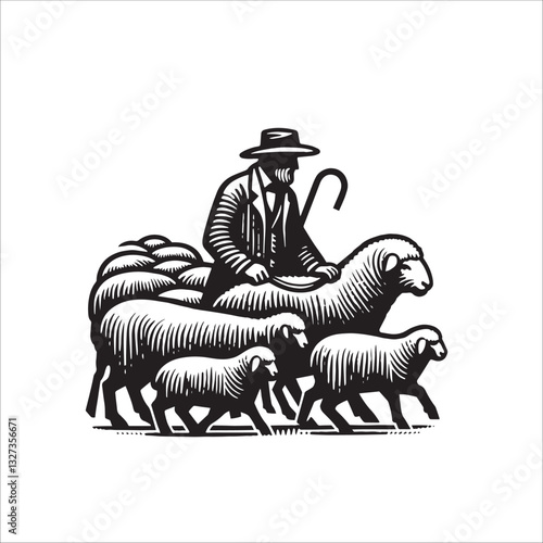 Simple Goat Herder Vector Icon – Vintage Logo & Retro Illustration