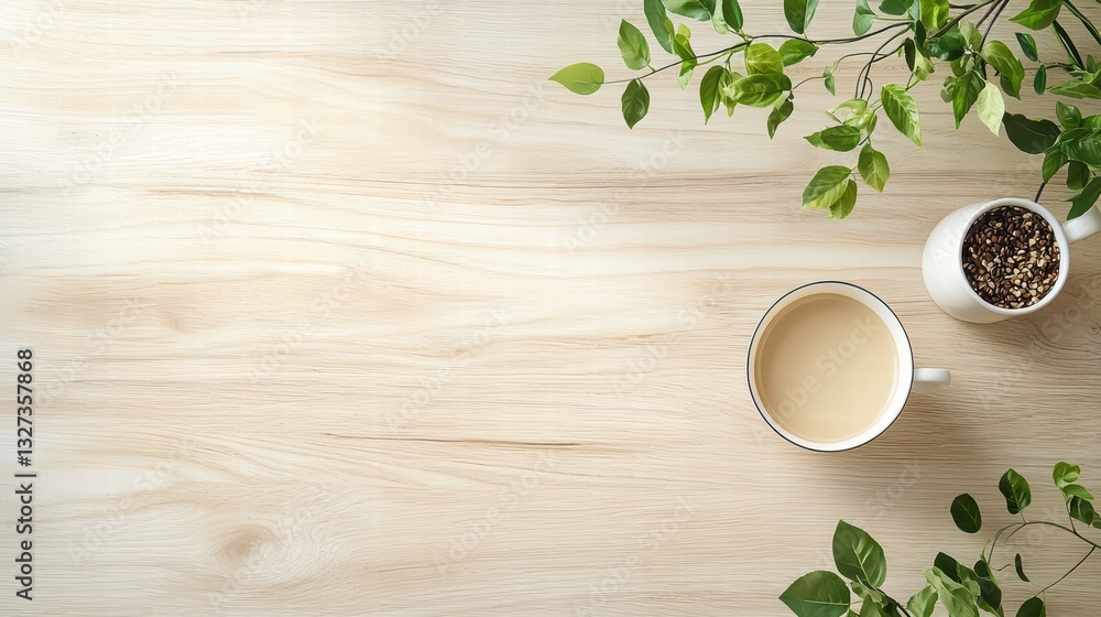 Serene Morning: A top-down perspective captures a tranquil moment with a cup of coffee and verdant plant, casting a warm glow on a polished wooden surface, inviting a sense of calm and relaxation.