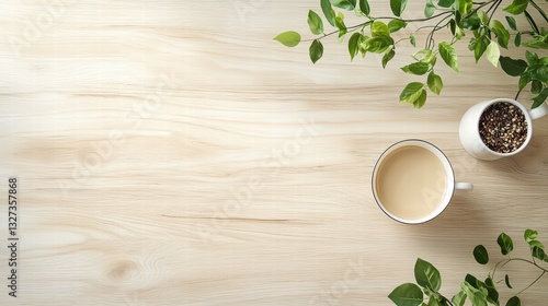 Serene Morning: A top-down perspective captures a tranquil moment with a cup of coffee and verdant plant, casting a warm glow on a polished wooden surface, inviting a sense of calm and relaxation.