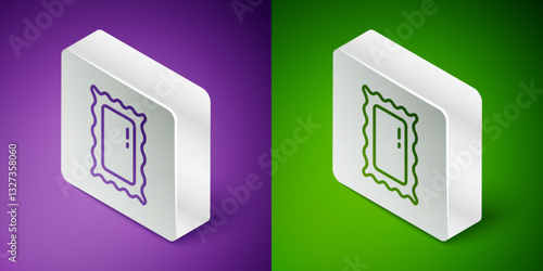 Isometric line Big full length mirror for bedroom, shops, backstage icon isolated on purple and green background. Silver square button. Vector