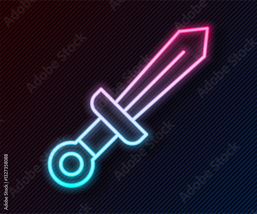 Glowing neon line Medieval sword icon isolated on black background. Medieval weapon. Vector
