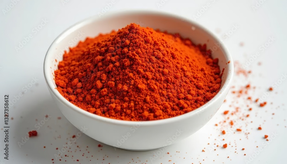 Red Pepper Powder Fills a Small White Bowl on a Tabletop Red Pepper Powder Fills a Small White Bowl on a Tabletop