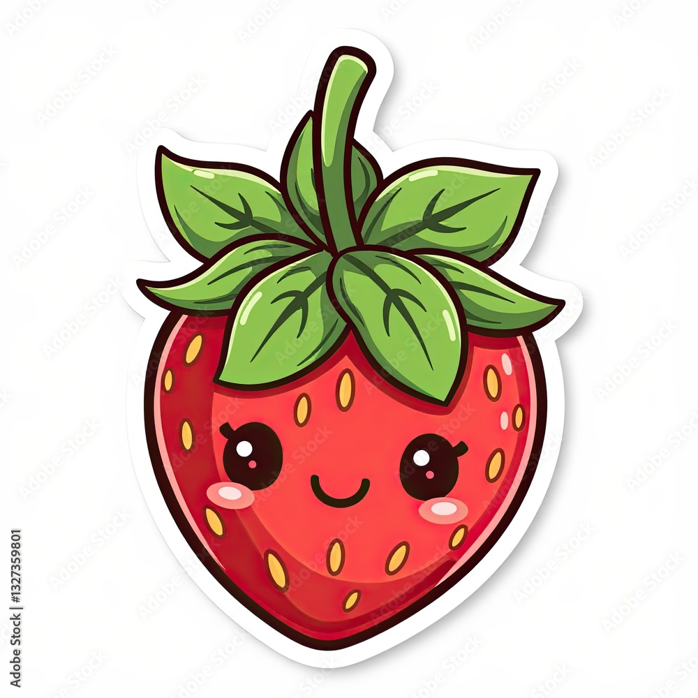 Obraz premium Cute Cartoon Strawberry Character with Smiling Face and Green Leaves