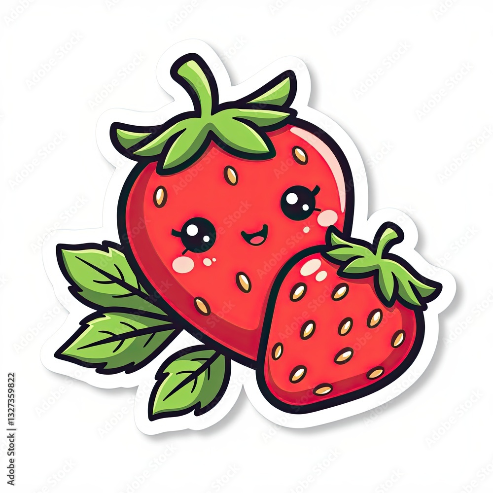 Obraz premium Cute Cartoon Strawberry Character with Smiling Face and Green Leaves