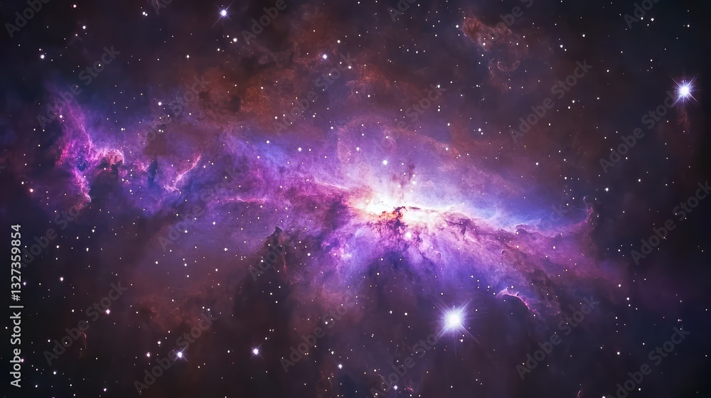 Obraz premium Nebula's Cosmic Embrace: A breathtaking panorama of the vast expanse of space, with a vibrant nebula as the centerpiece, exuding celestial energy and mystery. 