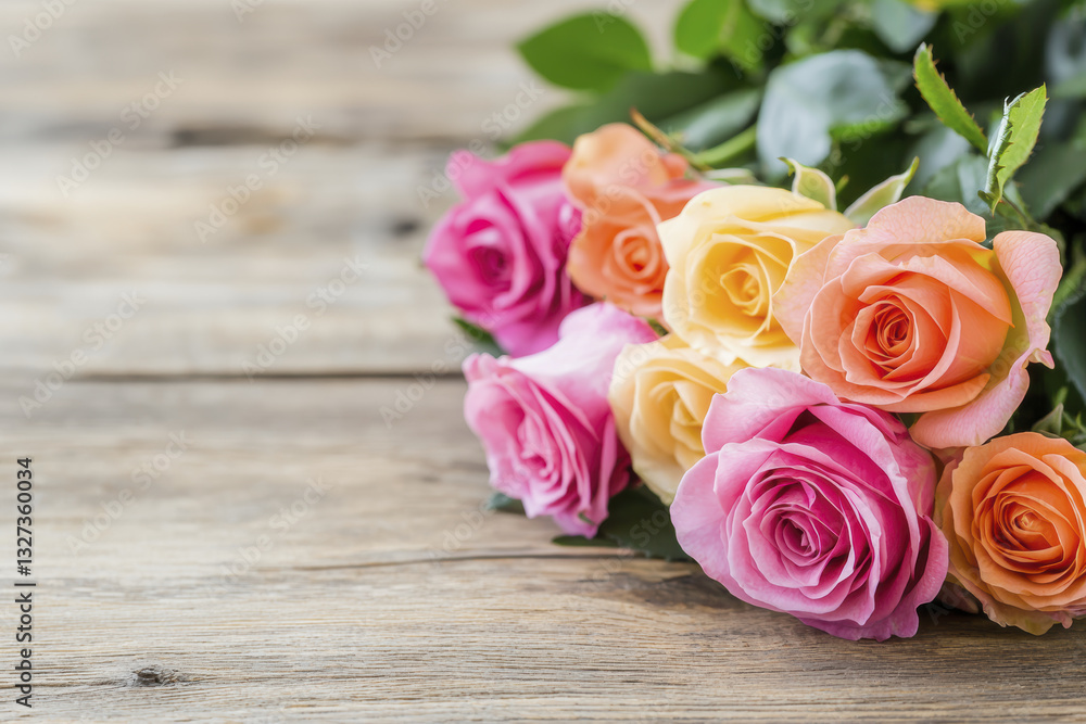 Naklejka premium Fresh splendid bouquet of pink and yellow roses on wooden table