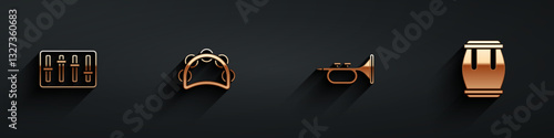 Set Sound mixer controller, Tambourine, Trumpet and Drum icon with long shadow. Vector