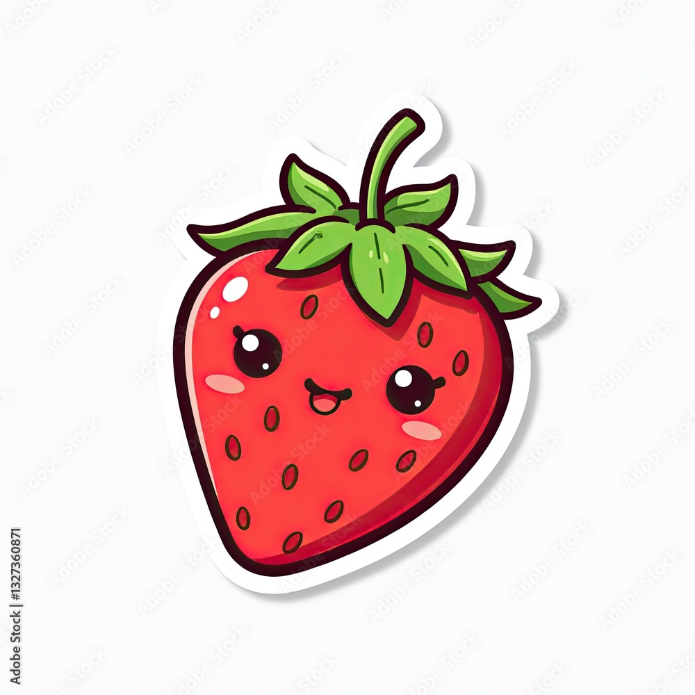 Obraz premium Cute Cartoon Strawberry Character with Smiling Face and Green Leaves