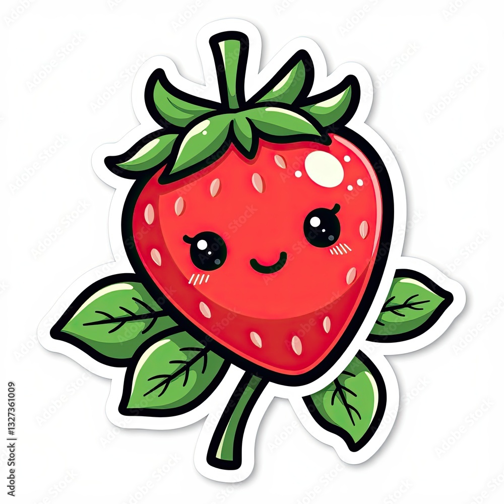 Obraz premium Cute Cartoon Strawberry Character with Smiling Face and Green Leaves