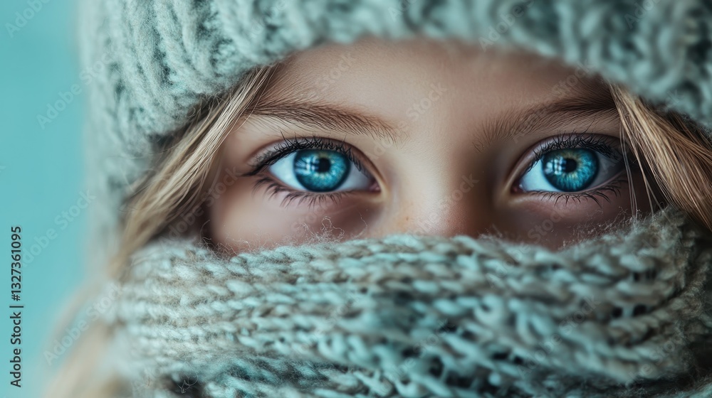 This image presents a young girl with vibrant blue eyes, warmly wrapped in fluffy scarves, expressing a sense of comfort and coziness during winter. This image presents a young girl with vibrant blue eyes, warmly wrapped in fluffy scarves, expressing a sense of comfort and coziness during winter.