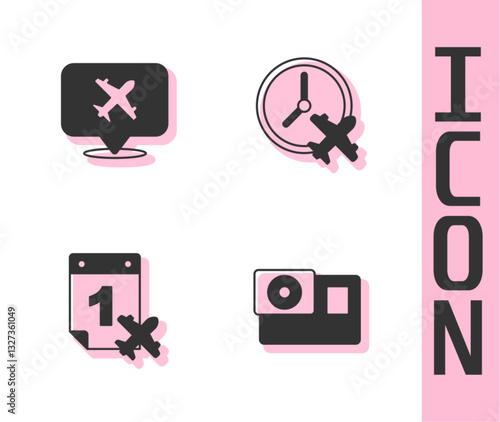 Set Action camera, Speech bubble with airplane, Calendar and and Clock icon. Vector